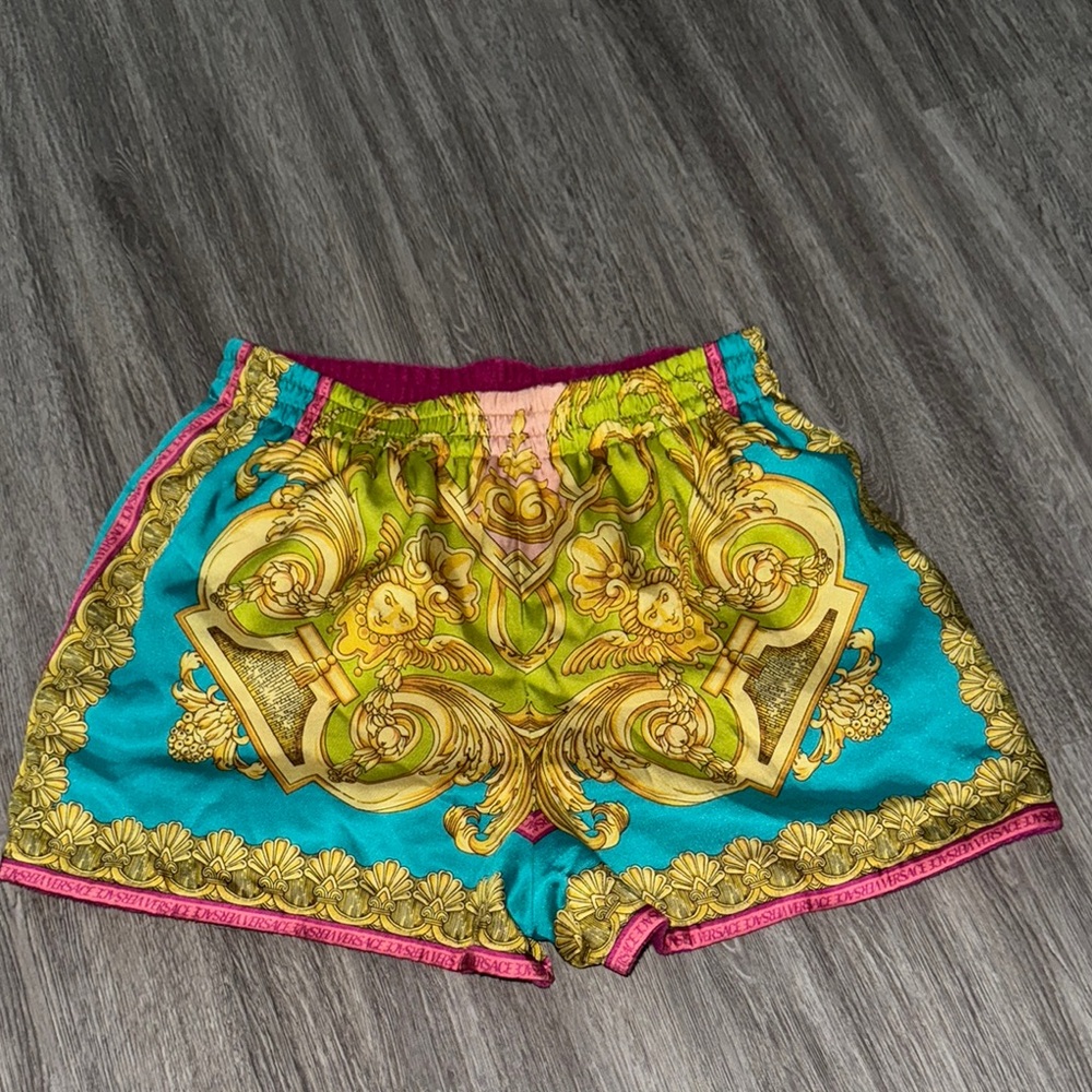 Versace Turquoise Gold Pink Baroque Athletic Shorts